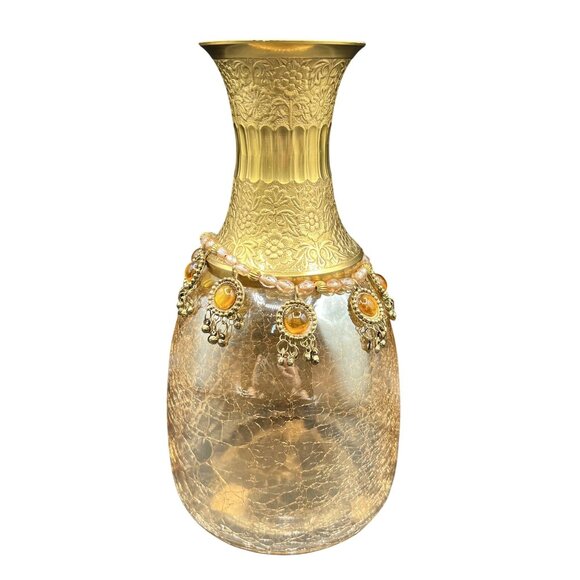 Vintage Handcrafted Brass Floral Etched Neck Ornate Amber Crackle Glass Vase - Picture 1 of 13
